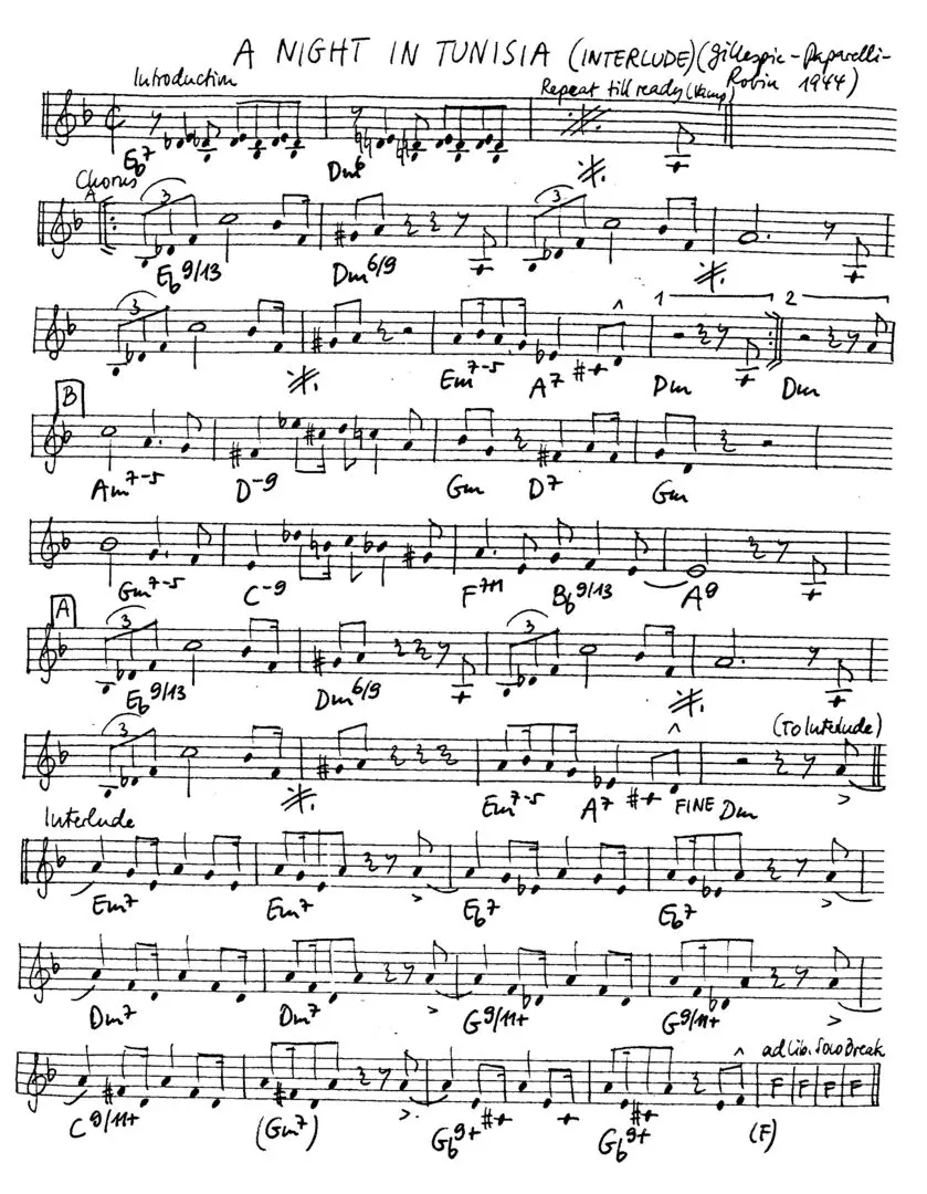 a night in tunisia free jazz leadsheet - Courtesy of the Jungle Jazz Band